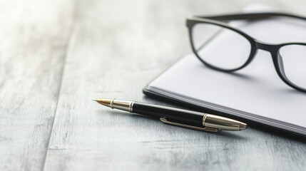 Fototapeta premium Boss Day concept,black pen lies next to an open notepad and reading glasses on a rustic wooden desk,capturing a calm moment of writing or brainstorming ideas,copy space