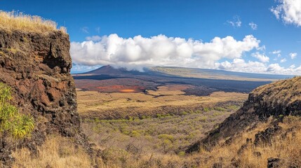 Obraz premium A panoramic view of a volcanic landscape with a smoking volcano in the distance, a rugged cliff in the foreground, and dry grass and trees in the valley.