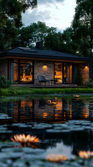 Obraz premium Modern brick house with a pond in the front yard.