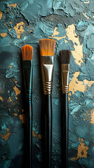 Three paintbrushes arranged on a textured blue and gold background.