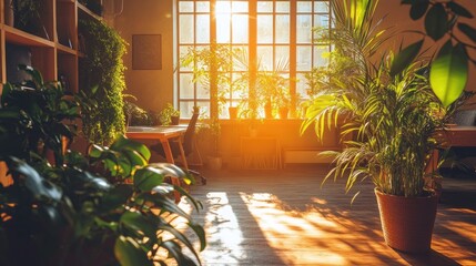 Obraz premium Sunbeams stream through a large window in a room filled with plants, illuminating the wooden floor.