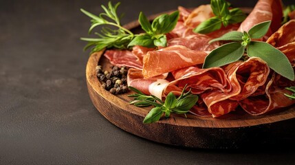 Fototapeta premium Assorted cured meats garnished with herbs on a wooden platter.