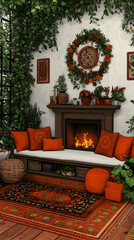 Cozy living room with fireplace, cushions, and plants.