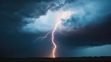 Fototapeta premium Dramatic lightning strikes through dark storm clouds in a vibrant sky.