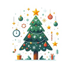 Flat, isolated illustration of a festive Christmas tree adorned with colorful ornaments, lights, and a shining star on top. The tree has a classic triangular shape and vibrant green branches. 