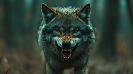 A photo of an angry wolf, showing its teeth and barking in the forest. The background is blurred to emphasize on its face