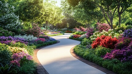 Fototapeta premium Serene Pathway Through Manicured Flower Gardens