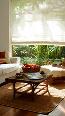 Obraz premium A bright living room with a large window, a couch, a coffee table, a rug, and a basket of fruit.