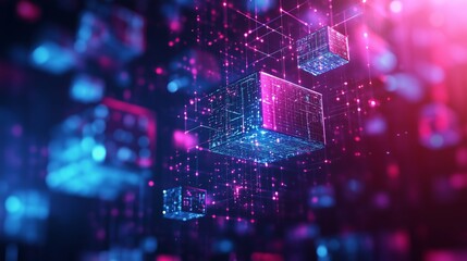 Abstract background with cubes and connections, blue purple pink colors.