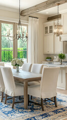 White dining room with a blue rug, wooden table, and chairs.