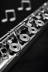 Fototapeta premium Elegantly Designed Silver JL Smith Flute on a Music Themed Background Ready to Play Melodious Tunes