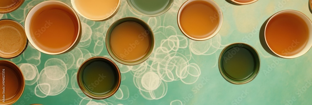 Poster warm brown and green tea cups are arranged artistically on a soft turquoise backdrop, creating a wel