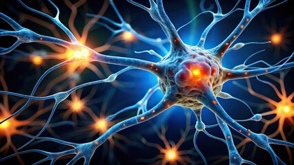 Stem cell-derived neuron firing in the brain against black background Aerial view