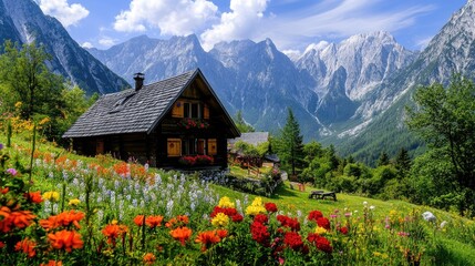 Fototapeta premium Serene Mountain Cabin Surrounded by Colorful Flowers