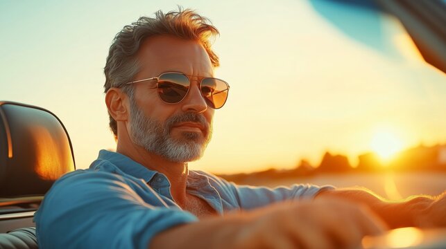 A middle-aged man with sunglasses is driving in his convertible car