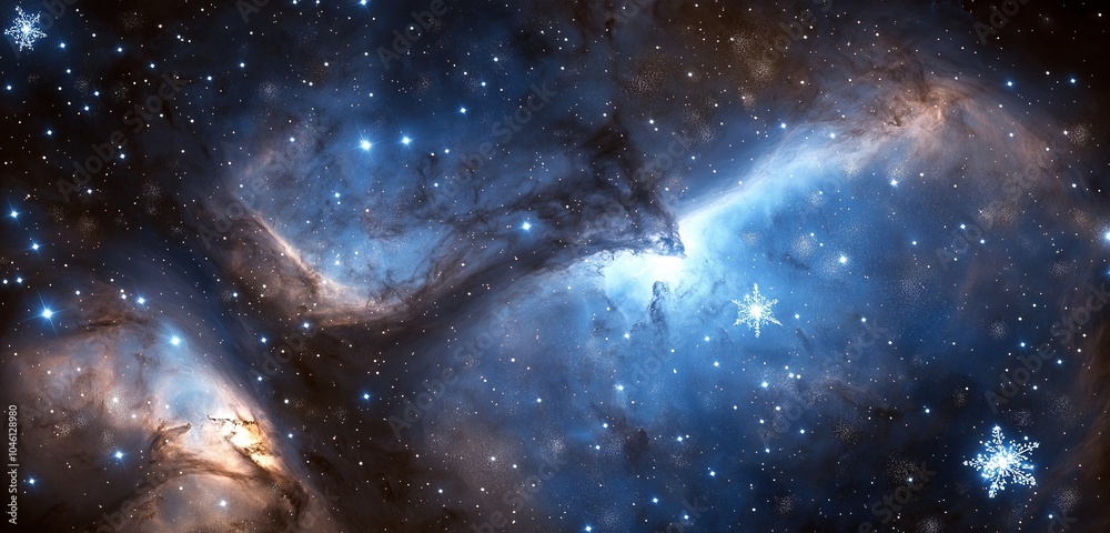 Wall mural a close-up view of an icy nebula in the snowflake galaxy, with shimmering snowflake stars embedded w