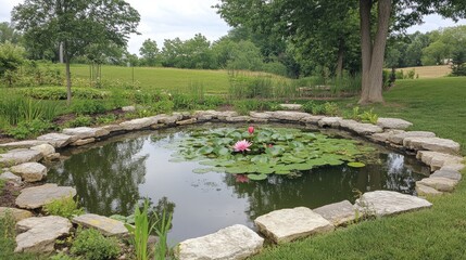 Fototapeta premium Tranquil Garden Pond with Water Lilies