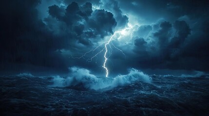 Dramatic lightning strikes over turbulent ocean waves under dark stormy clouds.