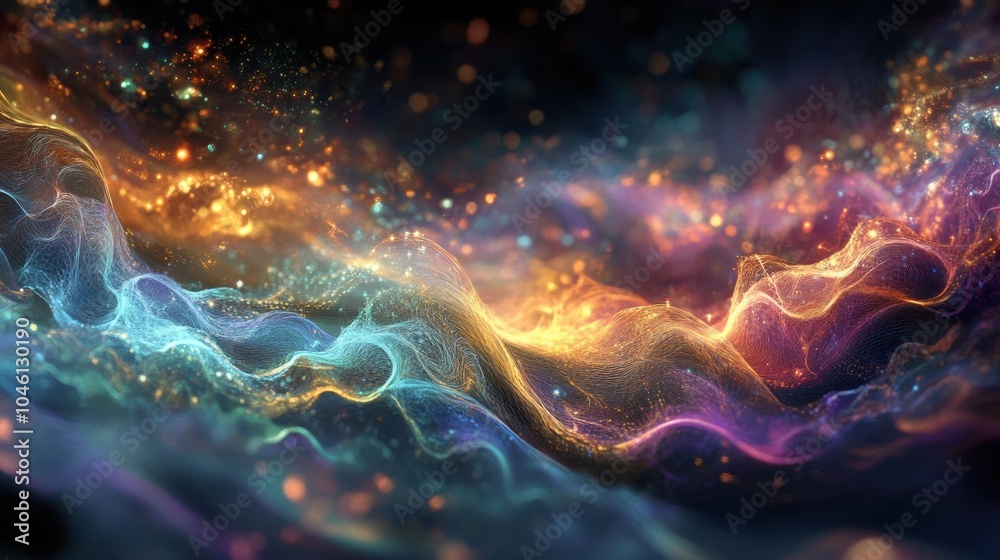 Poster A vibrant display of cosmic waves forms an enchanting spectacle filled with shimmering colors and soft luminous trails. Generative AI