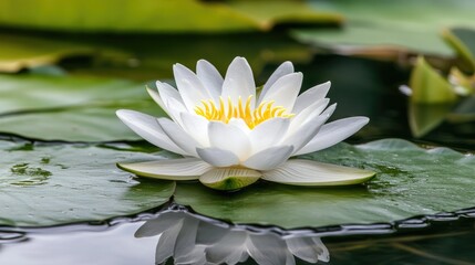 Serene White Lotus Bloom on Tranquil Water Surface