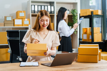 Two young female entrepreneurs work together in warehouse with parcel boxes, wooden tables, and shelves. prepare sales brochures, social media templates, business proposals for small online business.