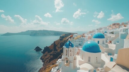 Fototapeta premium Scenic View of Santorini with Blue Dome Houses