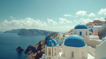 Obraz premium Scenic View of White Buildings and Blue Domes in Greece