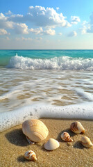 Seashells on a sandy beach with turquoise water and a blue sky.