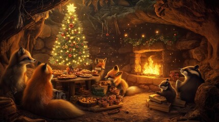 A cozy, decorated den where foxes and badgers host a Christmas party, with a small tree covered in tiny ornaments and glowing lights. 