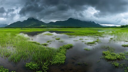 Fototapeta premium Lush Wetland with Dramatic Sky and Mountain Backdrop