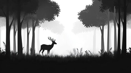 A Single Deer Silhouette in a Foggy Forest