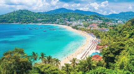 Serene Beach Landscape with Turquoise Waters and Palm Trees