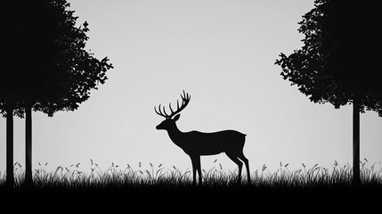 Silhouette of a Deer in a Field with Two Trees