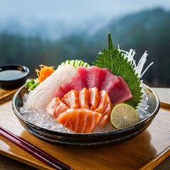 Tuna, salmon, and whitefish sashimi on ice, garnished with shiso and daikon, served with wasabi and soy sauce. A soft view of a Japanese garden in the background.