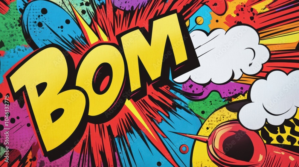 Poster vibrant comic-style doodles showcase dynamic speech bubbles and colorful effects like boom and bam, 