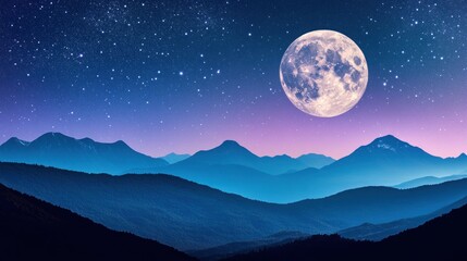 A full moon rises over a range of mountains, casting a soft, ethereal glow on the landscape. The night sky is filled with stars, adding to the sense of wonder and tranquility.