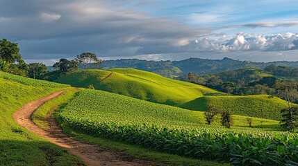Obraz premium Lush Green Hills with Winding Path Under Blue Sky