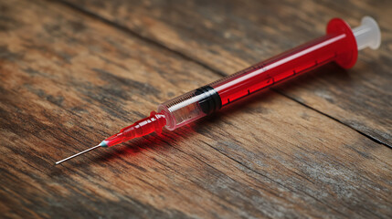 Fototapeta premium plastic syringe with red liquid isolated on a wooden table