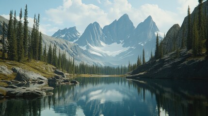 Obraz premium Serene Mountain Landscape with Reflective Lake