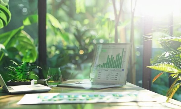 Close-up of a sustainability consultant's desk with sustainability reports and green building plans, illustrating a job in sustainability consulting, generative ai