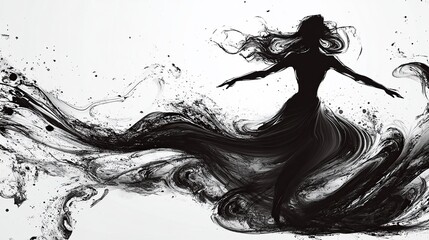 Abstract Black and White Silhouette of a Woman in a Flowing Dress