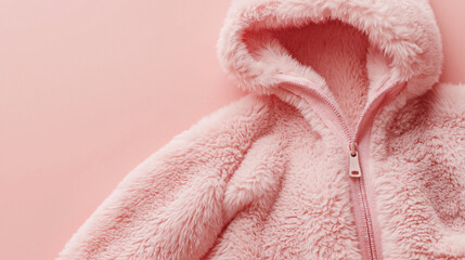 A soft and fuzzy pink hoodie is displayed against a pastel-colored backdrop,highlighting its comforting texture and vibrant color ideal for kids,copy space