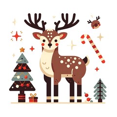 Fototapeta premium Flat, isolated illustration of a standing reindeer with large antlers. The design features smooth lines, a neutral brown color, and a simple yet elegant profile, evoking holiday themes.