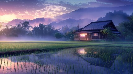 Fototapeta premium Serene Sunrise over Rice Paddy and Japanese House