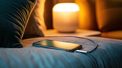 Phone Charging by Bedside with Soft Light Glow