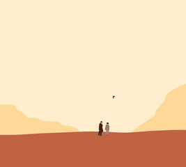 Man and woman walking and relaxing on mountain during sunset sky. Minimal modern art design. Outdoor lifestyle background.