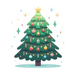 Fototapeta premium Flat, isolated illustration of a festive Christmas tree adorned with colorful ornaments, lights, and a shining star on top. The tree has a classic triangular shape and vibrant green branches. 