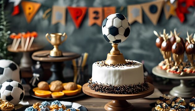 A sports-themed birthday party, with a soccer ball cake and trophies as decor