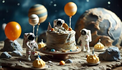 Obraz premium A cosmic celebration astronauts gather around a planetary-themed cake surrounded by celestial delights and festive balloons in outer space