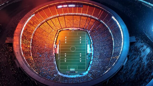 Heatmap of a sports stadium during a major event, with warm colors indicating dense crowds and cooler blues in the less populated sections. . Video